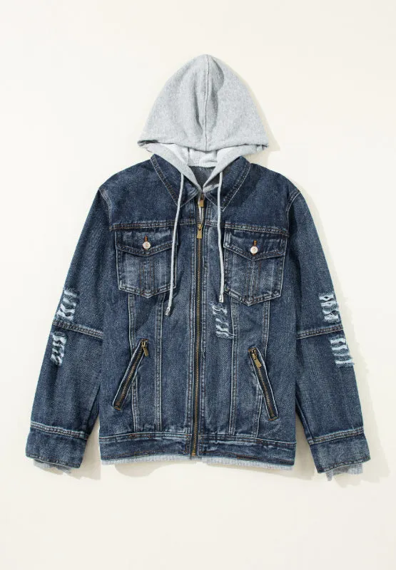 Two-Piece Hooded Zip-Up Denim Jacket