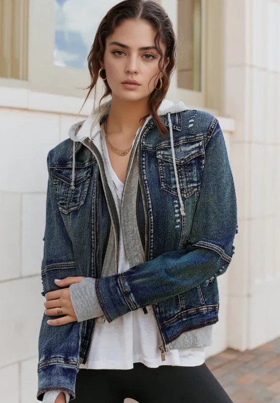 Two-Piece Hooded Zip-Up Denim Jacket