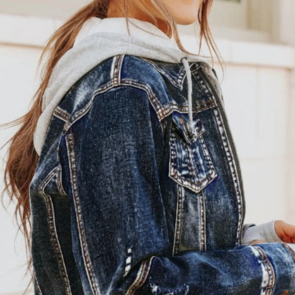 Two-Piece Hooded Zip-Up Denim Jacket