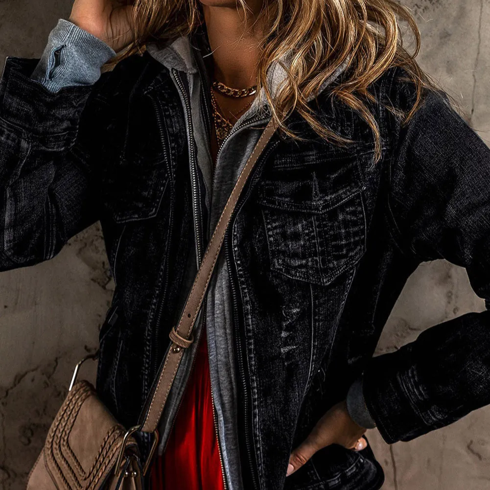 Two-Piece Hooded Zip-Up Denim Jacket