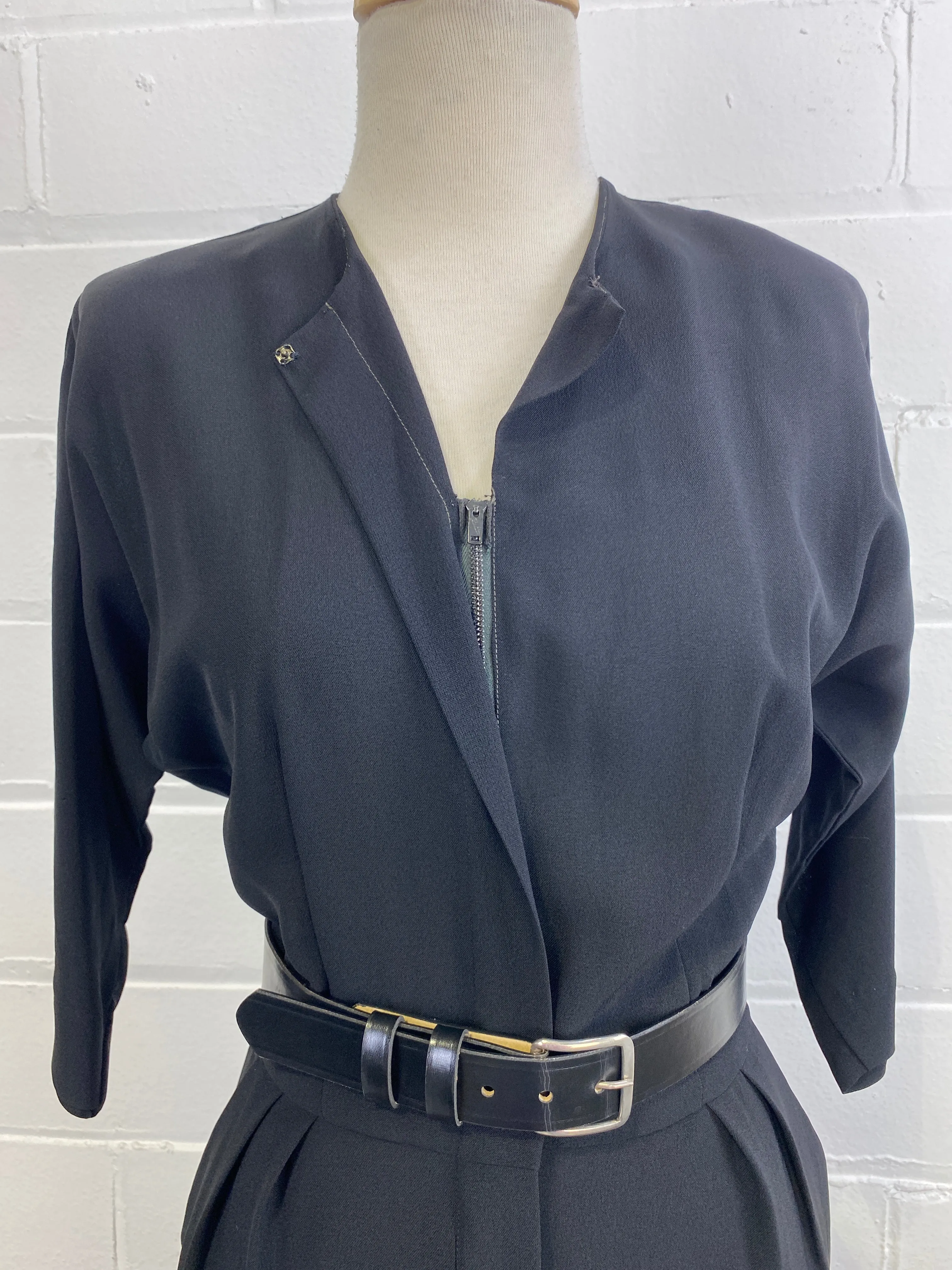 Vintage 1950s Minimalist Black Zip Day Dress, Small