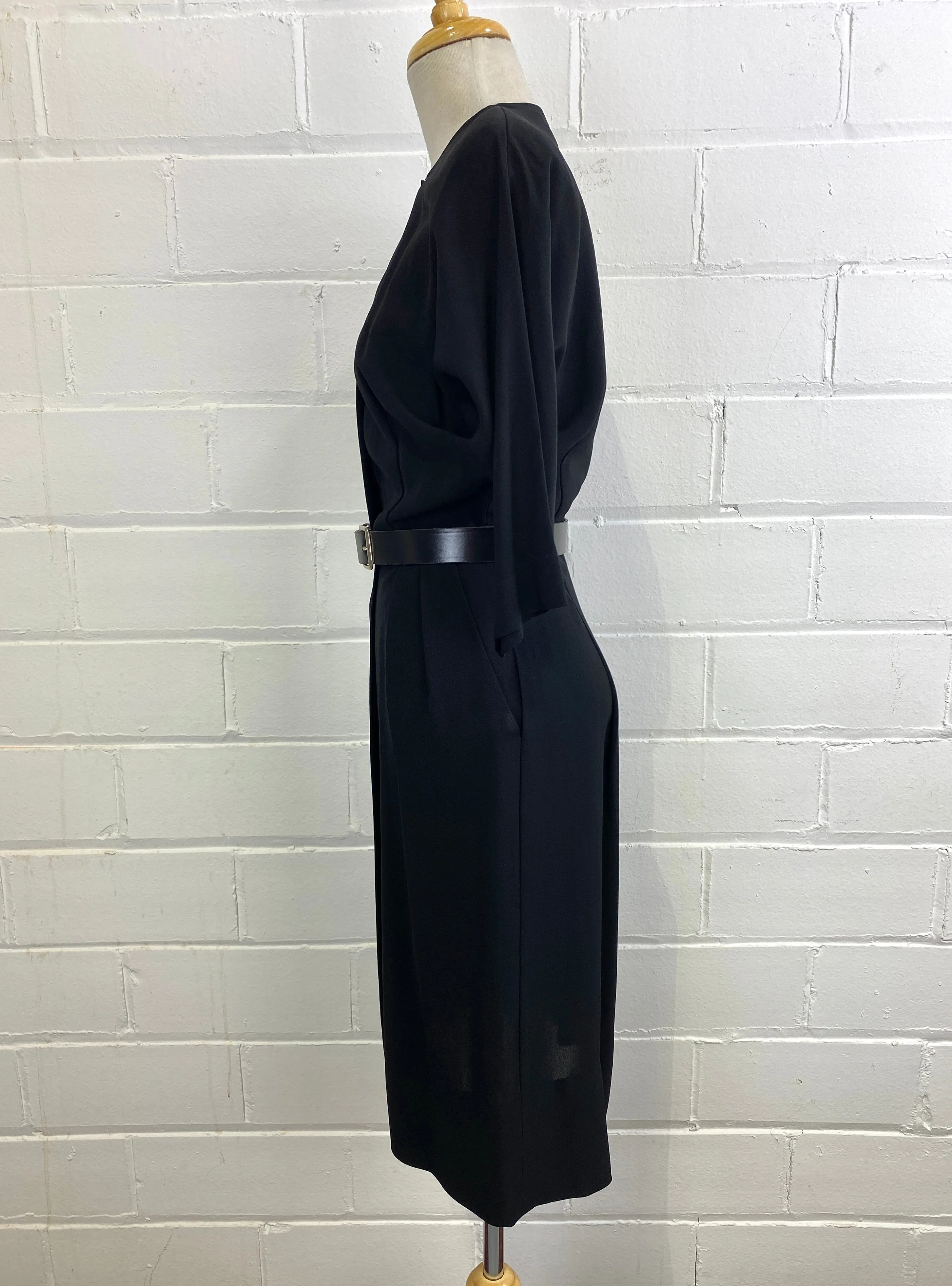 Vintage 1950s Minimalist Black Zip Day Dress, Small