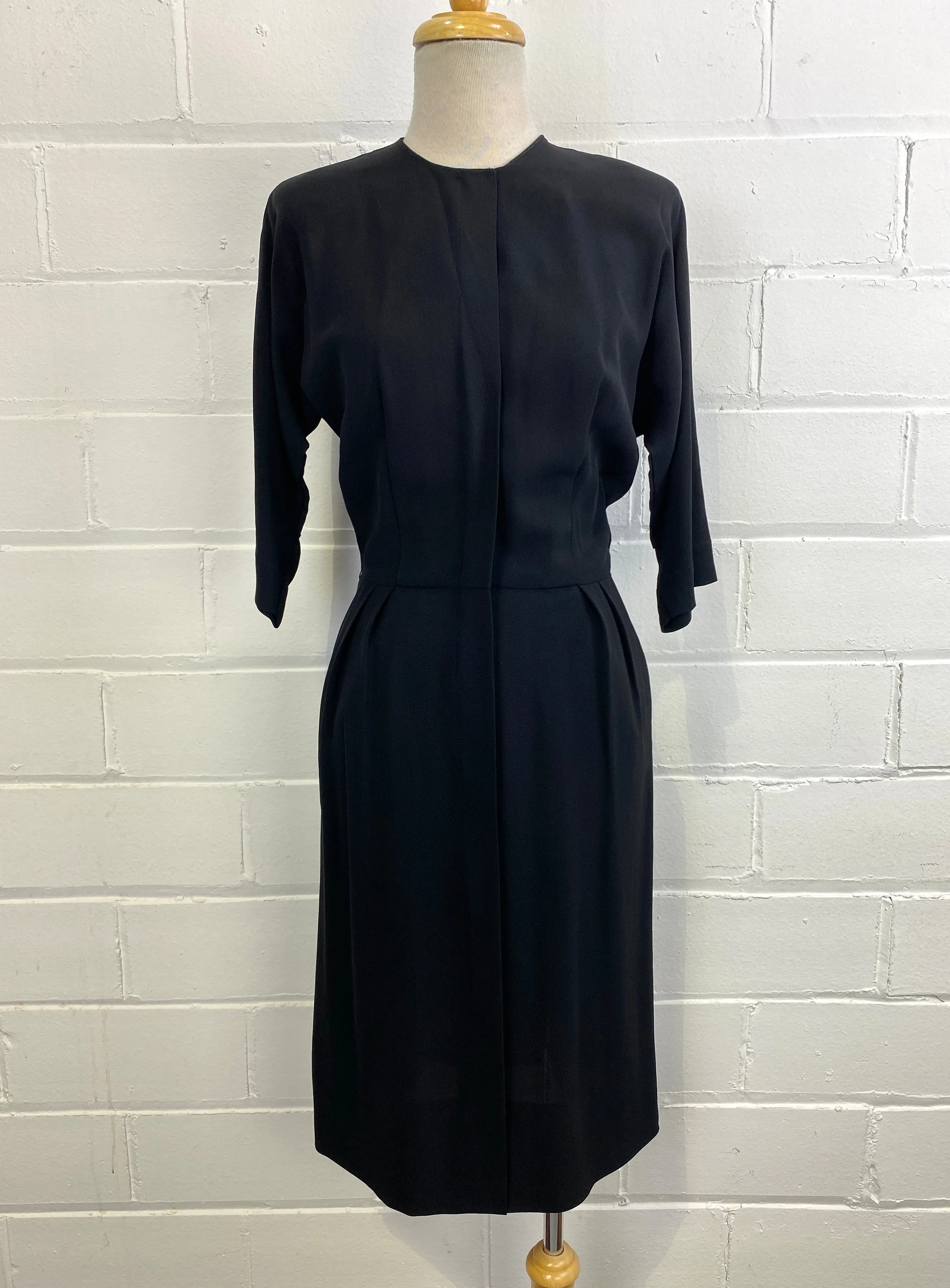 Vintage 1950s Minimalist Black Zip Day Dress, Small