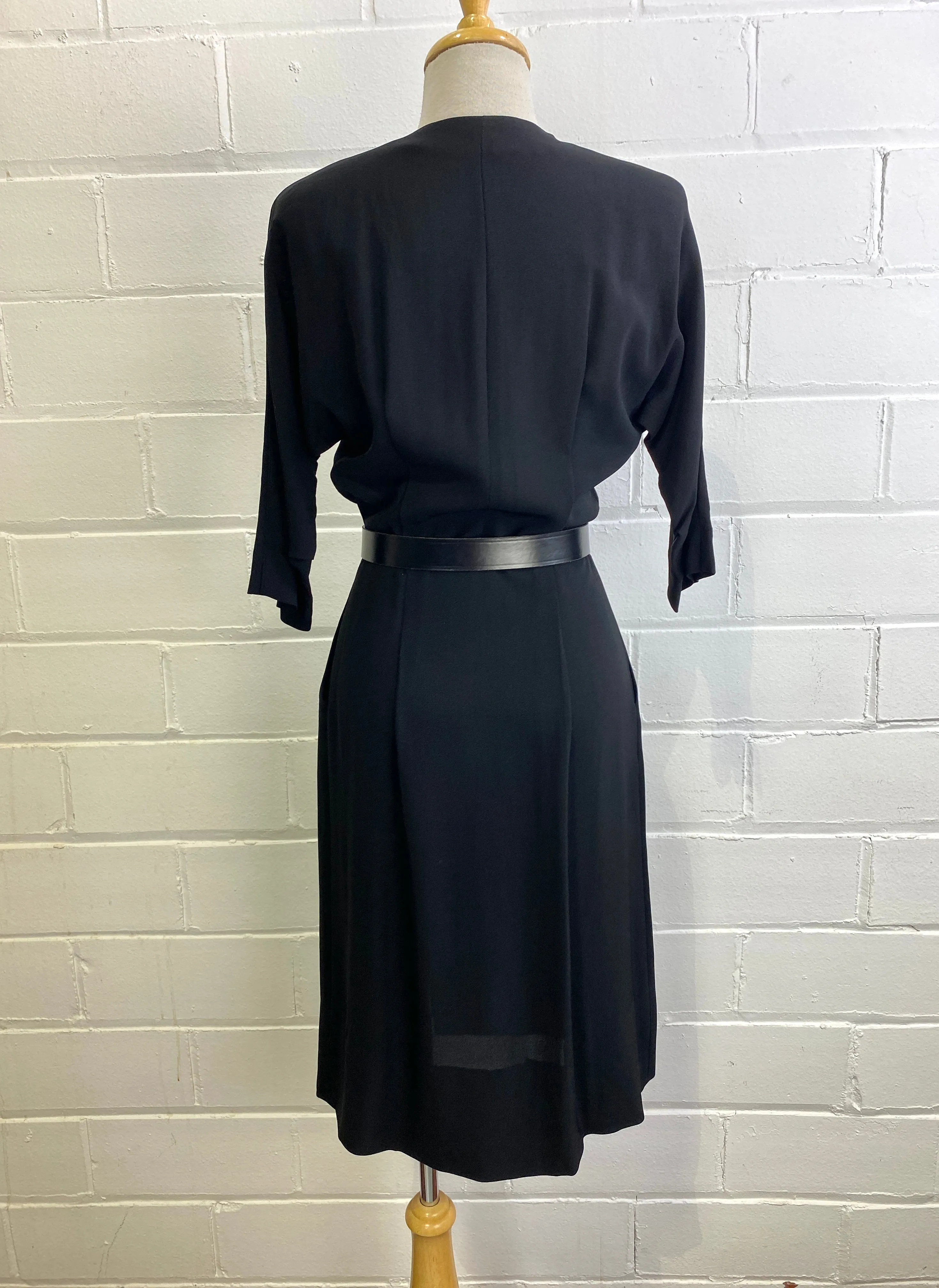 Vintage 1950s Minimalist Black Zip Day Dress, Small