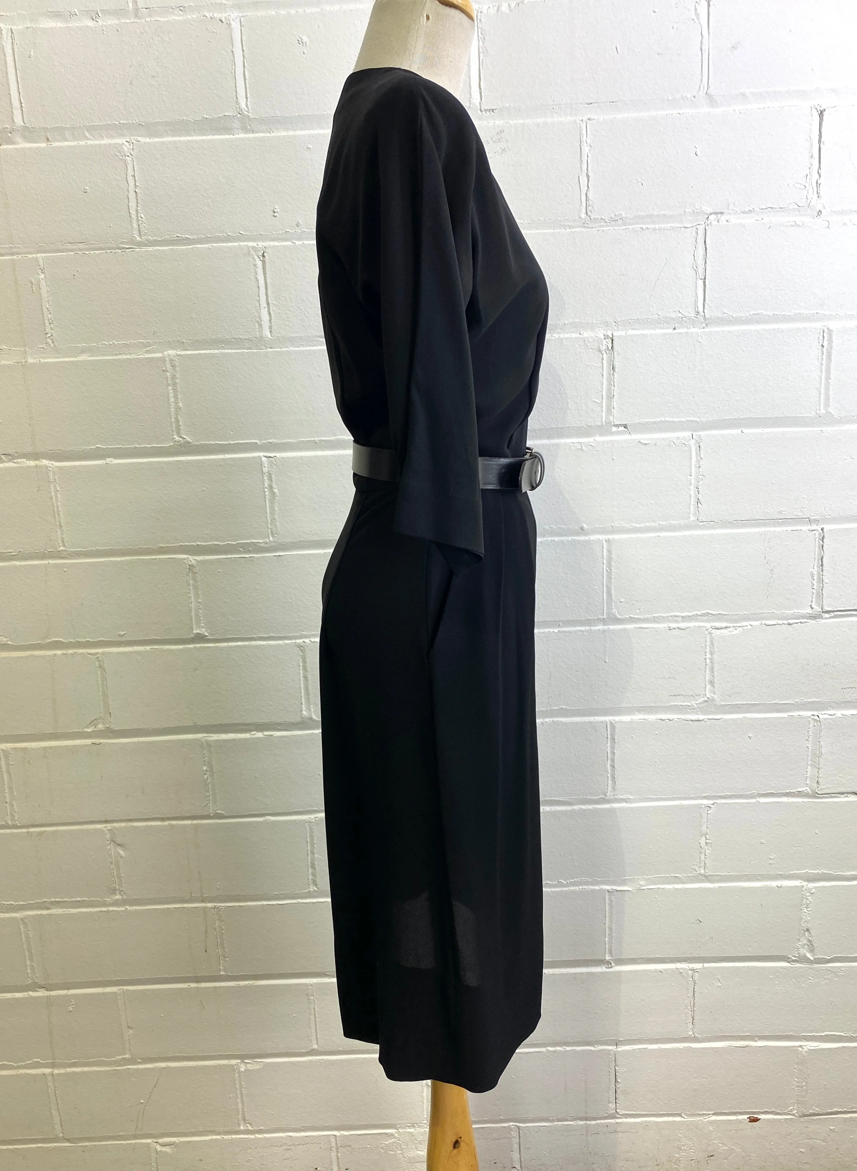 Vintage 1950s Minimalist Black Zip Day Dress, Small