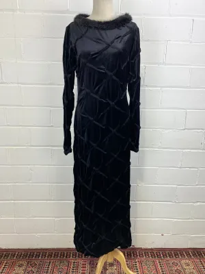 Vintage 1990s Black Long Sleeve Velveteen Bodycon Maxi Dress, Faux Fur Collar, Med