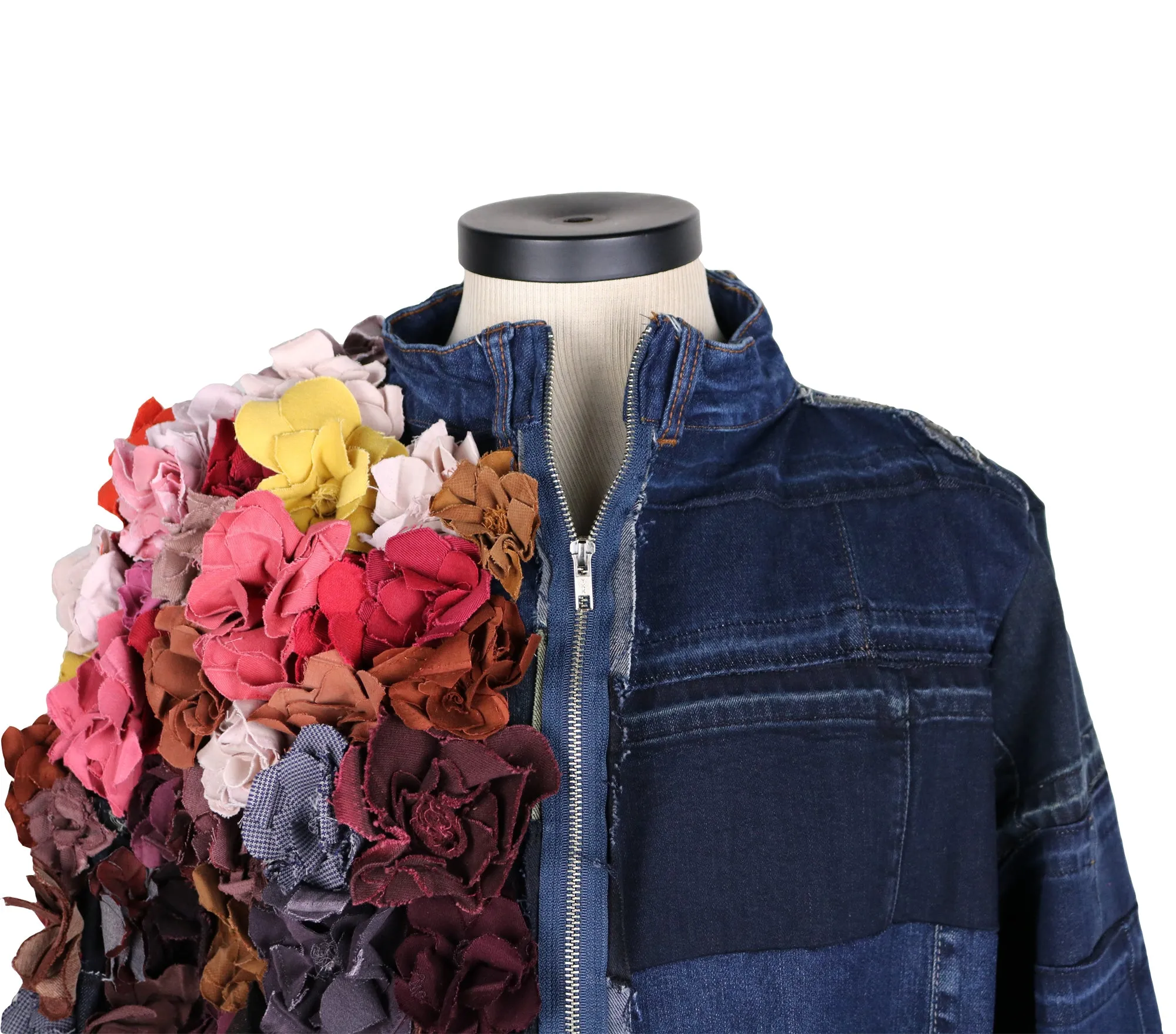 Watch Me While I Bloom - Upcycled denim jacket with 3D denim flowers