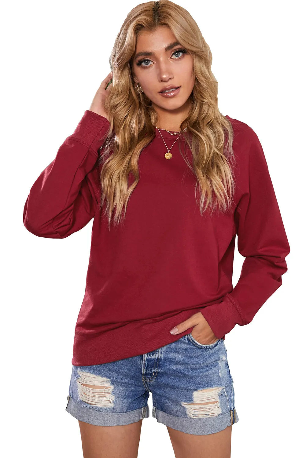 Wine Fiery Red Solid Crew Neck Pullover Sweatshirt