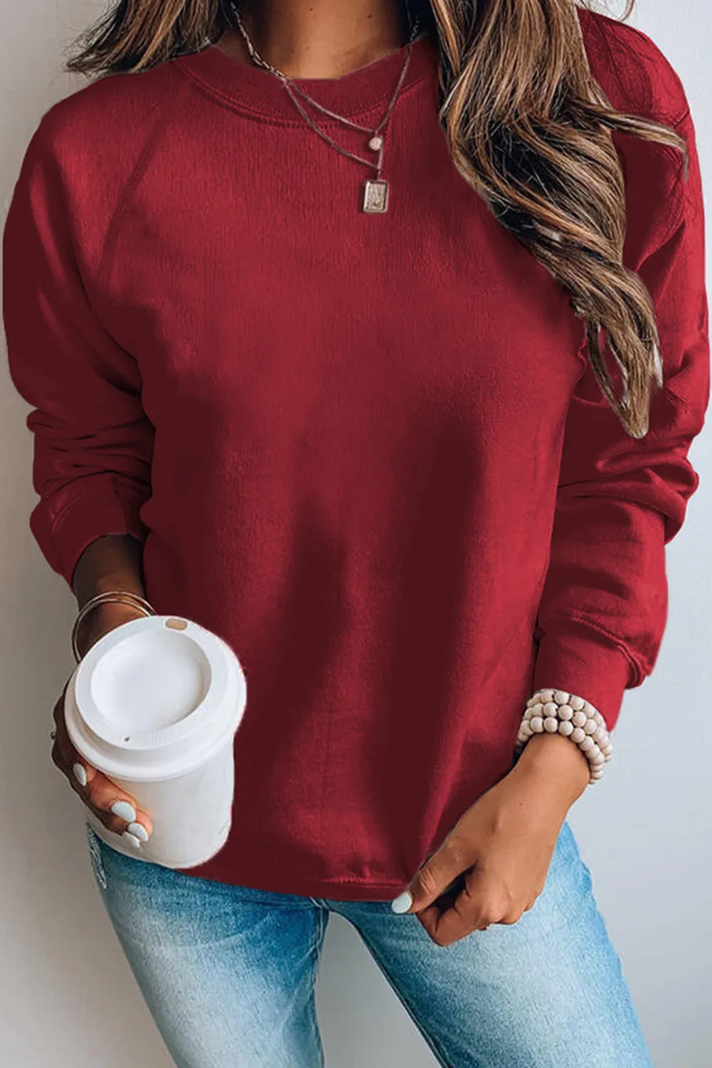 Wine Fiery Red Solid Crew Neck Pullover Sweatshirt