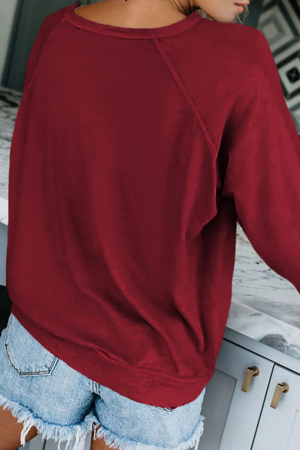 Wine Fiery Red Solid Crew Neck Pullover Sweatshirt