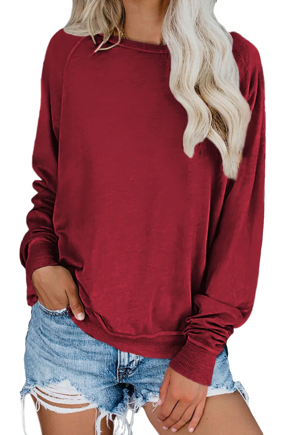 Wine Fiery Red Solid Crew Neck Pullover Sweatshirt
