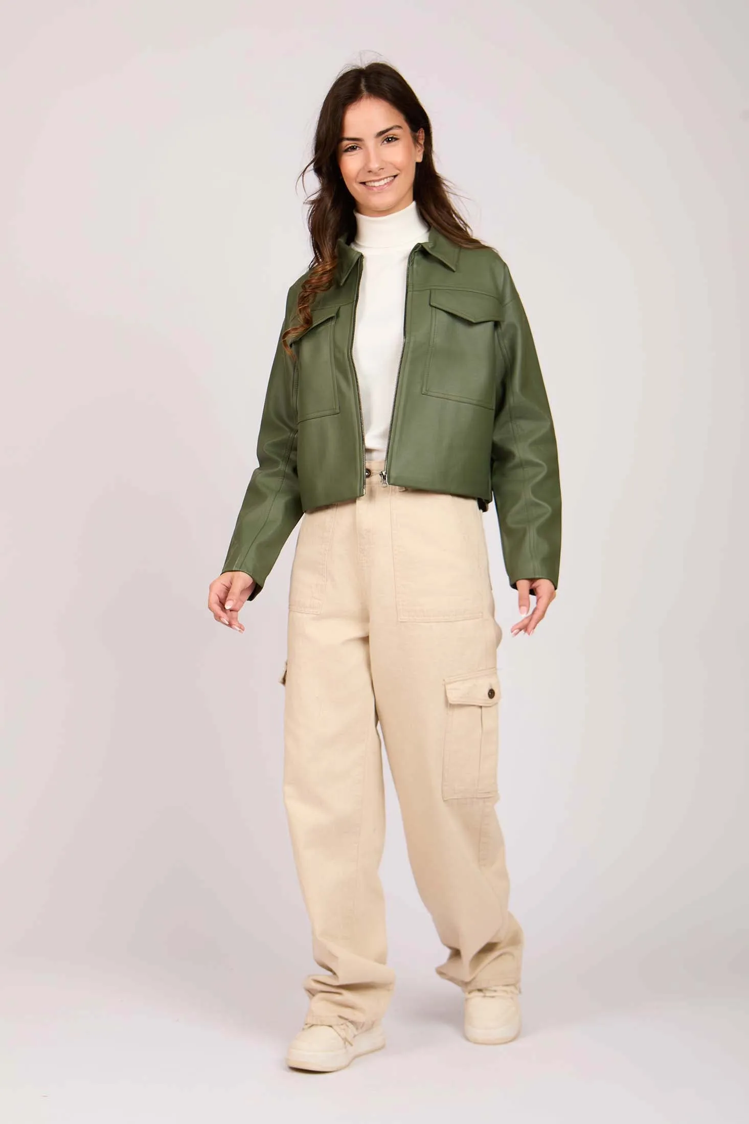 Women Jacket Puffed Sleeve Leather  Green