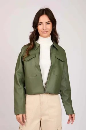 Women Jacket Puffed Sleeve Leather  Green