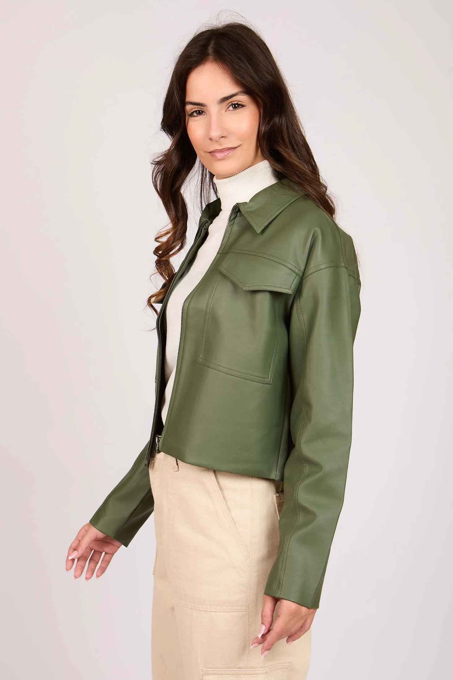 Women Jacket Puffed Sleeve Leather  Green