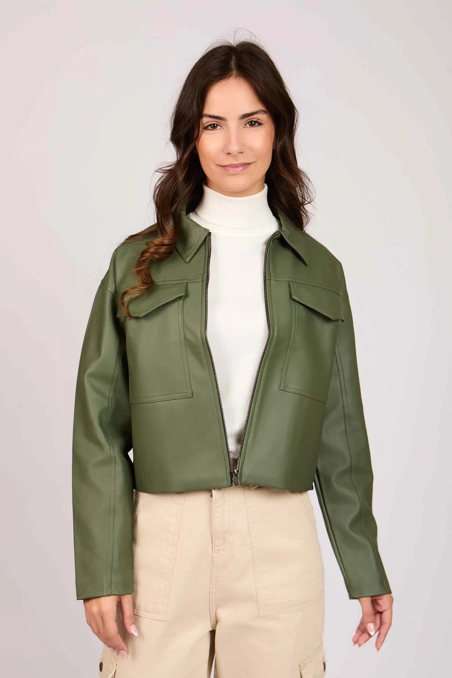 Women Jacket Puffed Sleeve Leather  Green