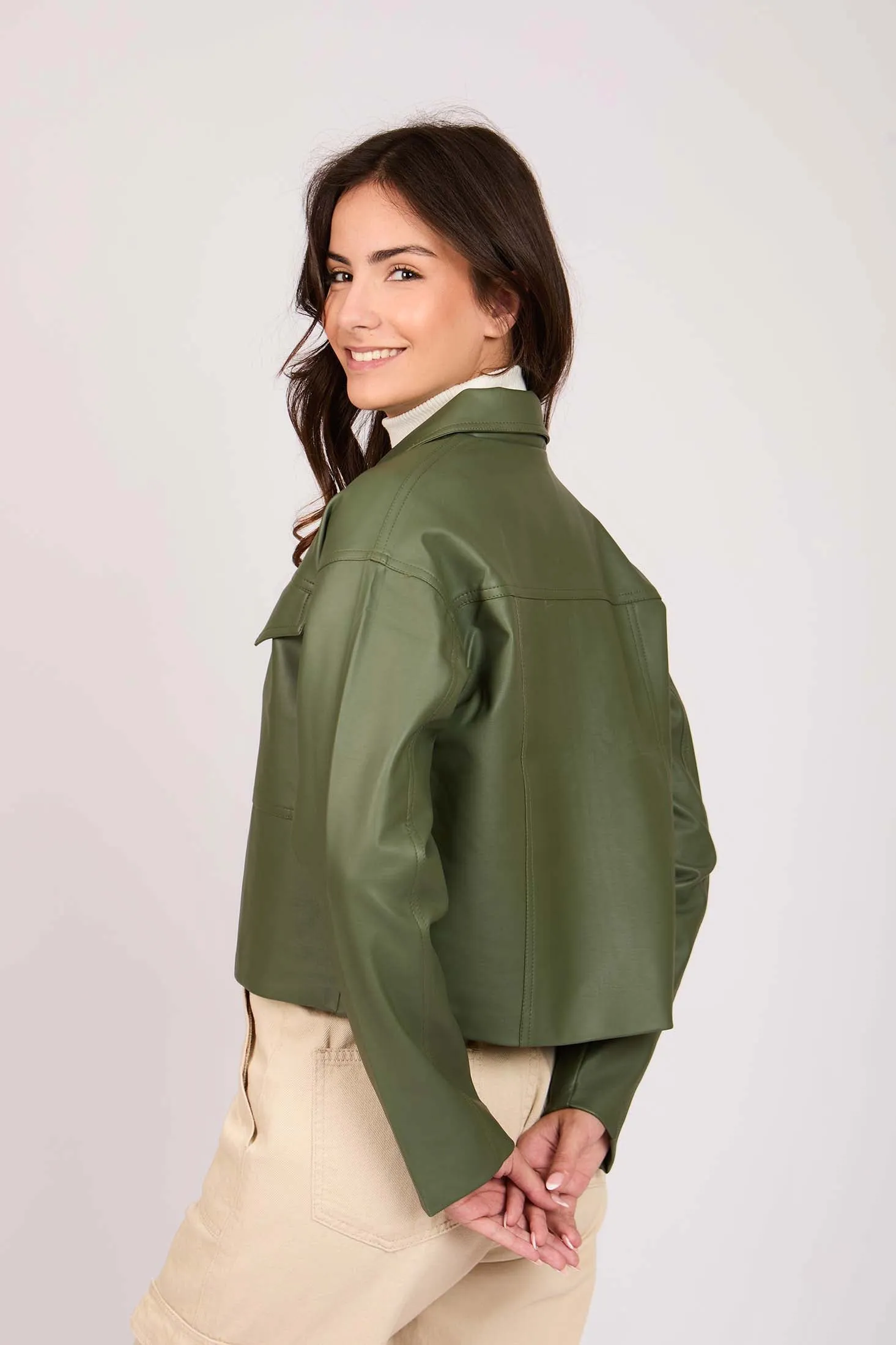 Women Jacket Puffed Sleeve Leather  Green