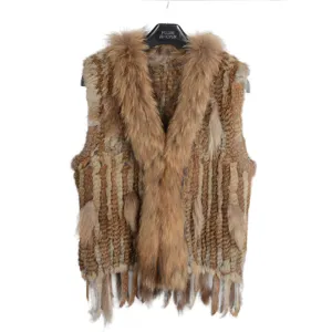 Women Real Rabbit Fur with Raccoon Fur Collar Gilet Winter Natural Brown Waistcoat