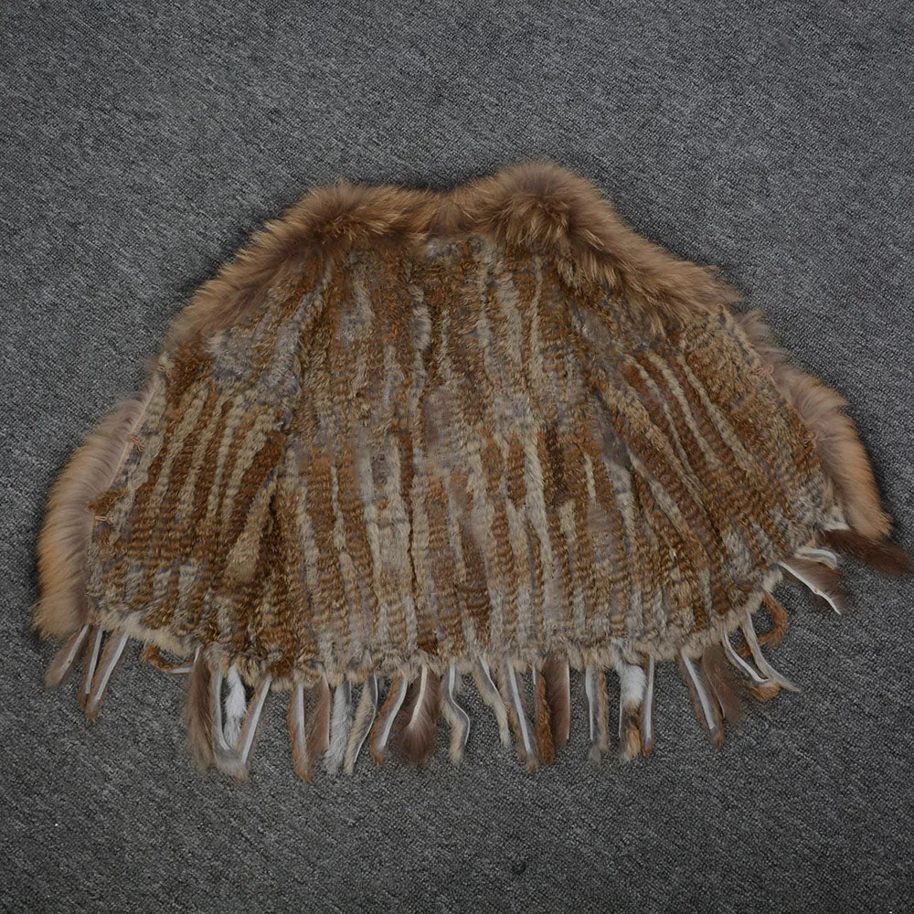 Women Real Rabbit Fur with Raccoon Fur Collar Gilet Winter Natural Brown Waistcoat