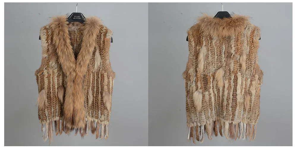 Women Real Rabbit Fur with Raccoon Fur Collar Gilet Winter Natural Brown Waistcoat