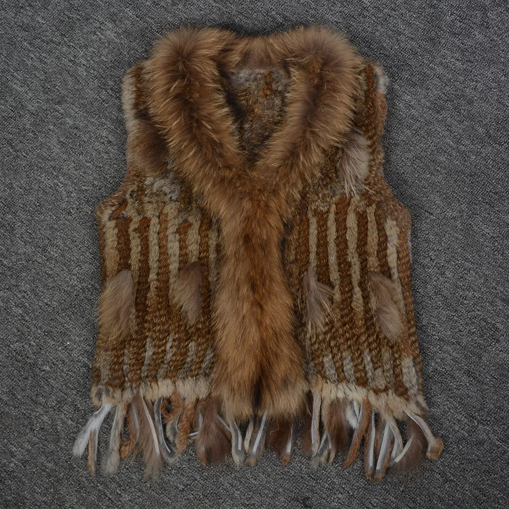 Women Real Rabbit Fur with Raccoon Fur Collar Gilet Winter Natural Brown Waistcoat