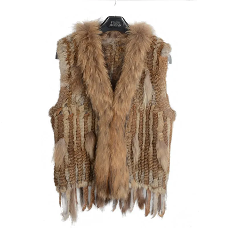 Women Real Rabbit Fur with Raccoon Fur Collar Gilet Winter Natural Brown Waistcoat