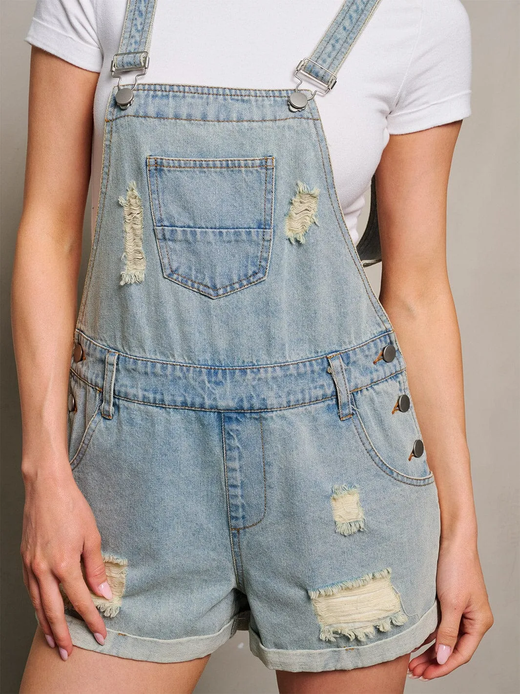 WOMEN'S SLEEVELESS POCKETS DISTRESSED DENIM OVERALL